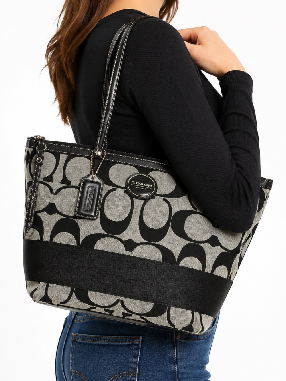 Coach Vintage Y2K Monogram Signature Black Gray Tote Shoulder Bag Purse